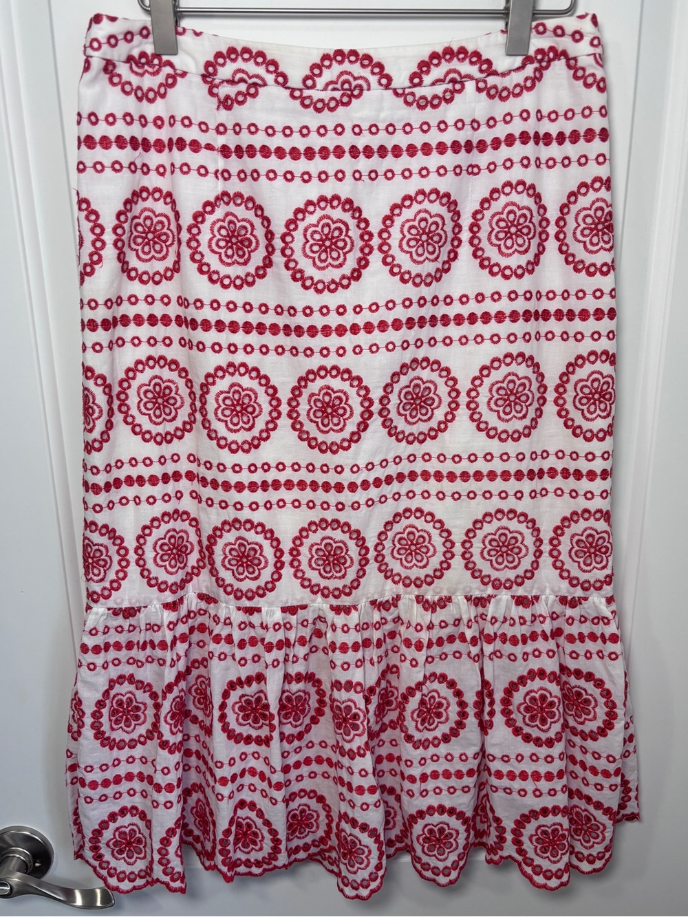 Boden White Red Embroidered 100% Cotton Ruffle Hem Midi Skirt - Size 8